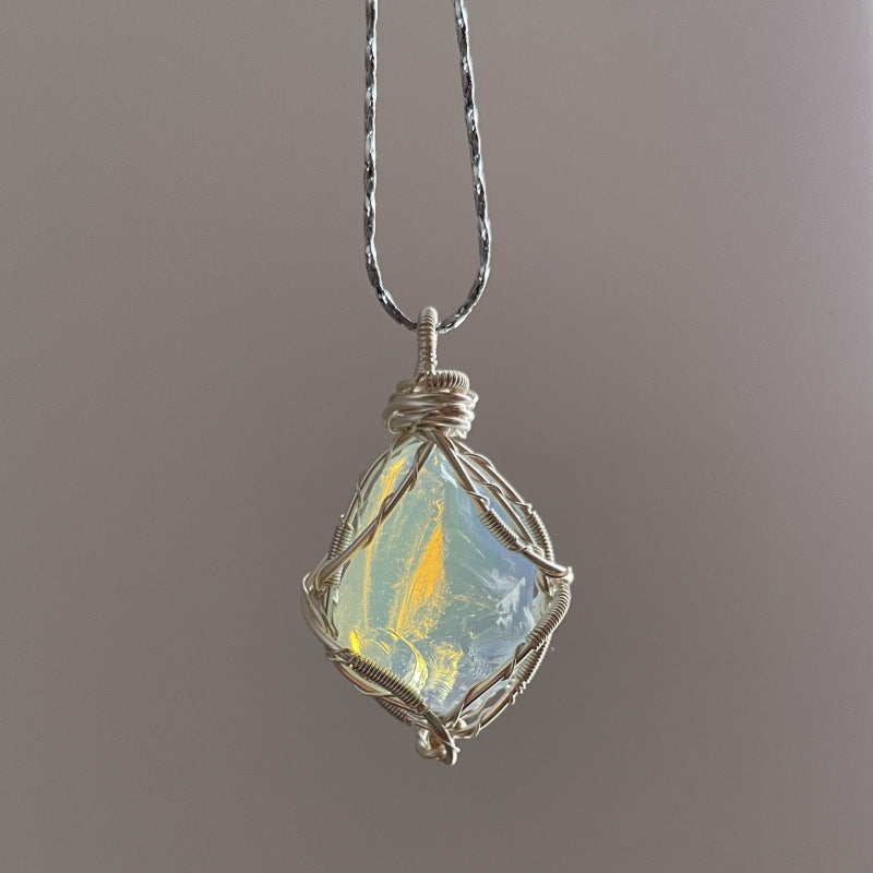 Natural crystal wire-wrap pendant necklace