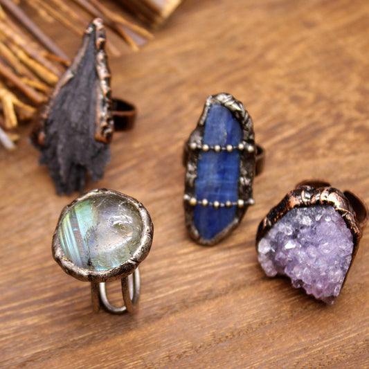 Distressed crystal ring, natural black tourmaline ring, irregular creative jewelry