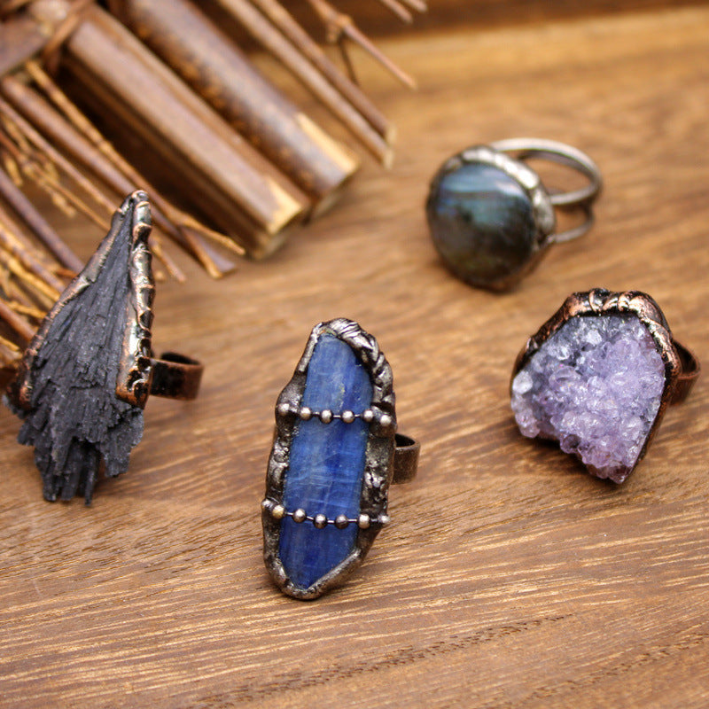 Distressed crystal ring, natural black tourmaline ring, irregular creative jewelry