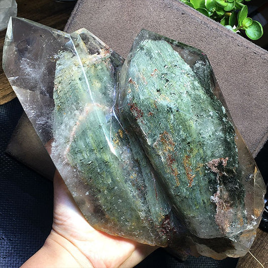 Natural green ghost crystal, colored ghost, hexagonal raw stone column, dark green multi-headed raw stone ore mark, home feng shui ornaments