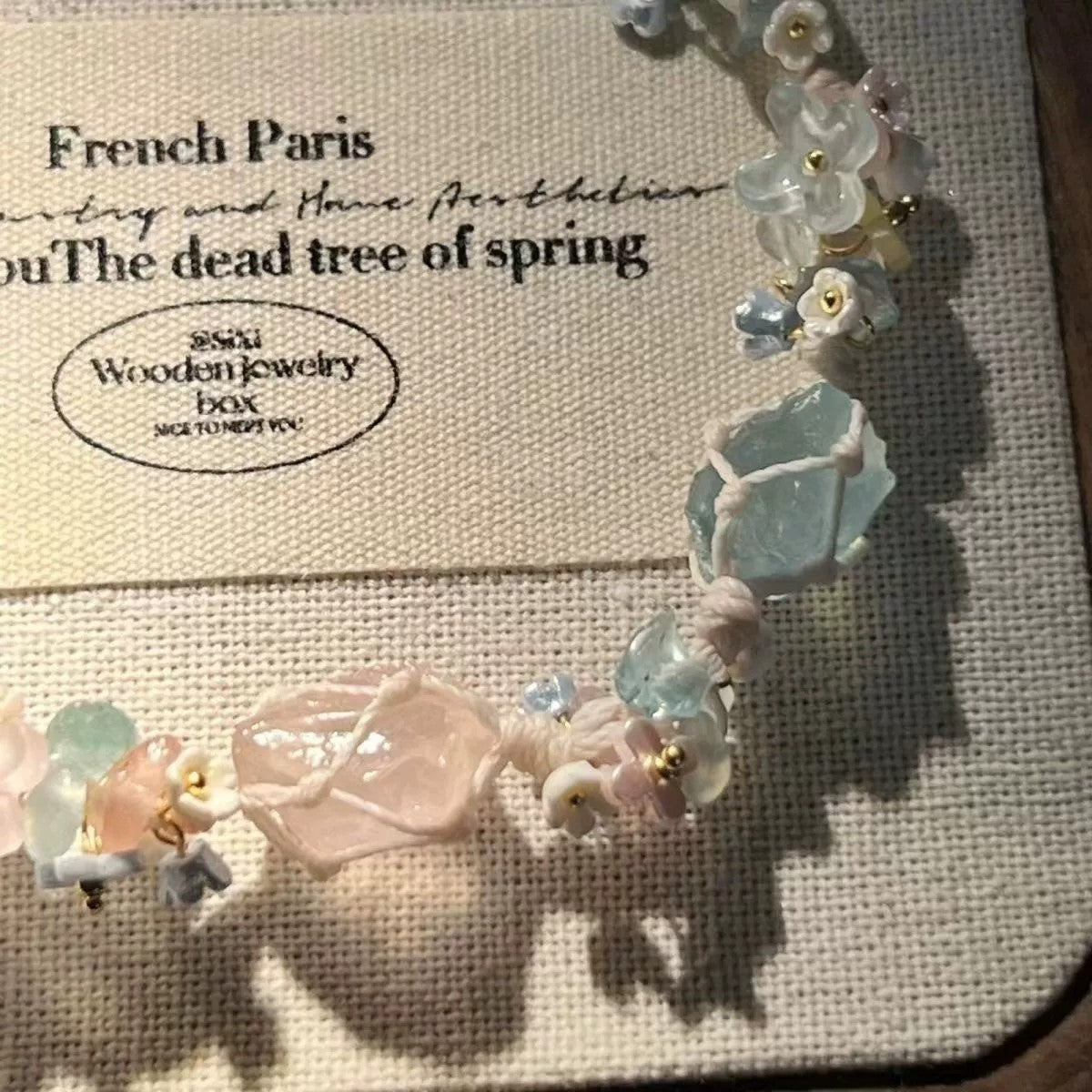 Powder blue hand-woven synthetic crystal, raw stone bracelet, rose quartz strawberry quartz bracelet