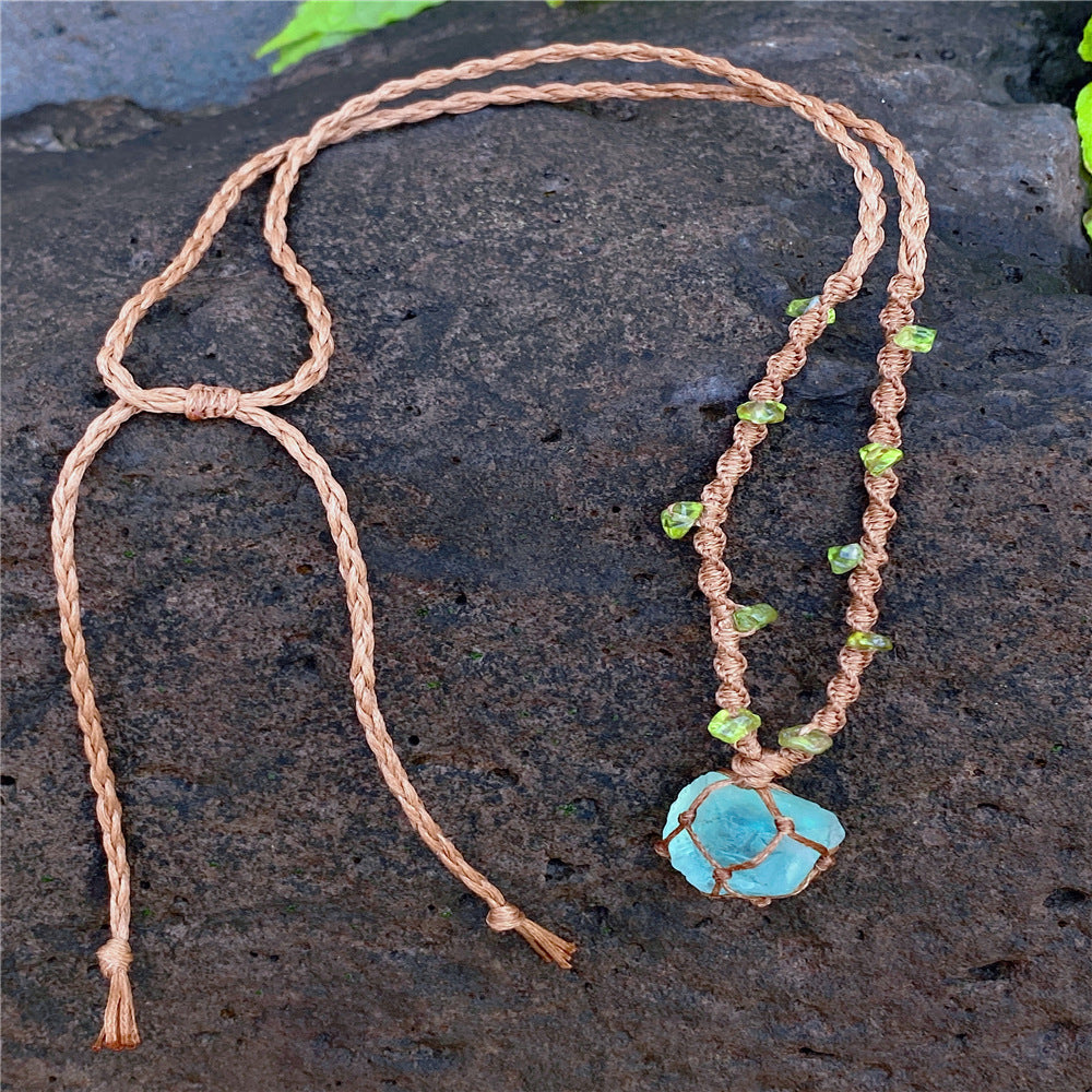 Crystal ore fluorite raw stone, woven net bag bracelet necklace, hand-woven