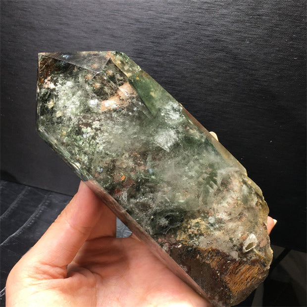 Natural green ghost crystal, colored ghost, hexagonal raw stone column, dark green multi-headed raw stone ore mark, home feng shui ornaments