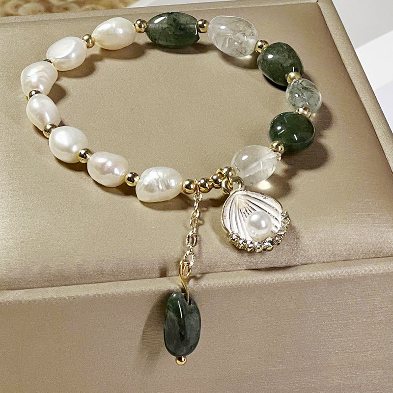 Natural crystal bracelet, green hair crystal baroque pearl bracelet