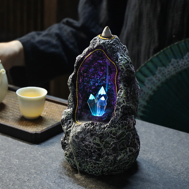 Creative resin backflow incense burner crystal cave LED night light, creative incense ornaments, incense backflow