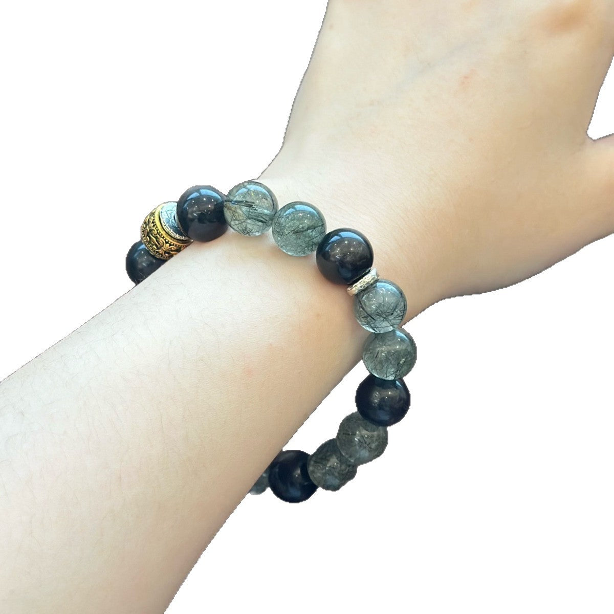 Natural silver obsidian green hair crystal black obsidian men's bracelet