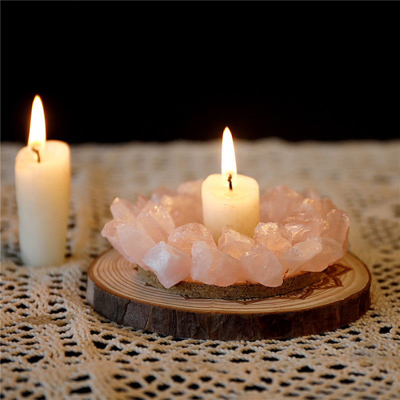 Natural rose quartz raw stone candlestick, European wedding candlestick, home decoration ornaments