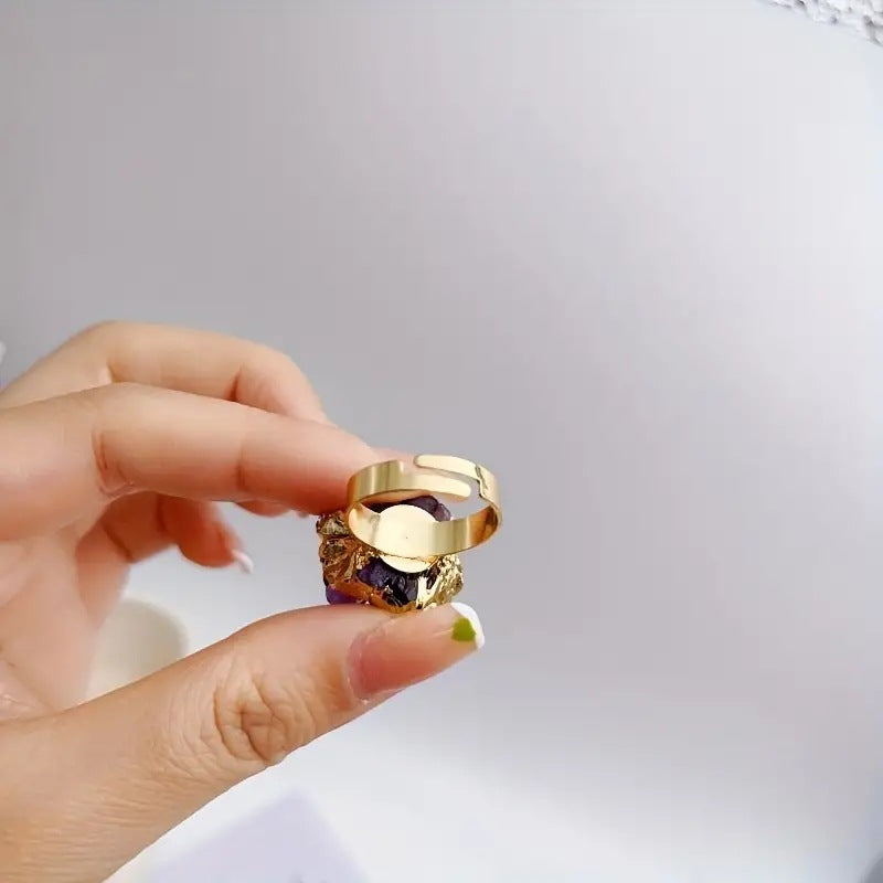 Natural amethyst cluster ring, Galaxy agate crystal cluster mineral, irregular gilt edge, adjustable ring jewelry