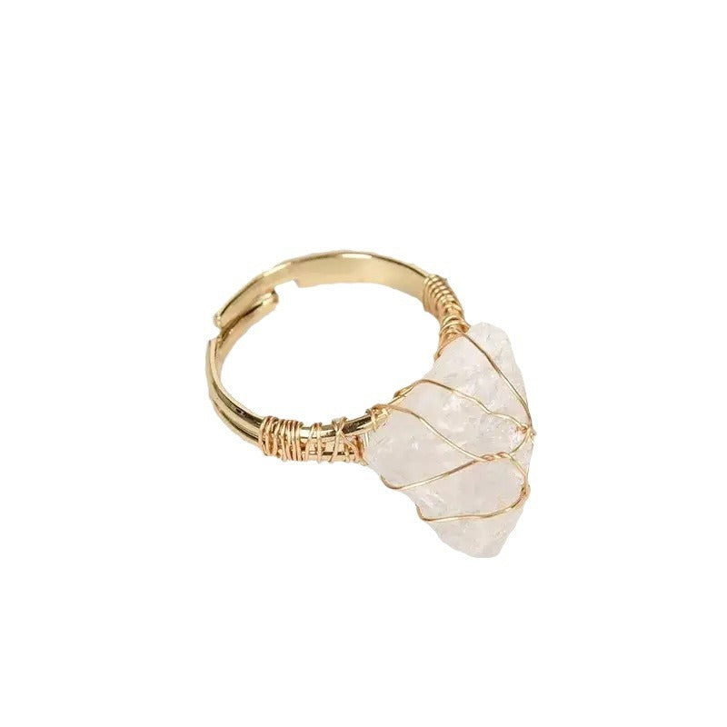 Natural stone movable ring irregular raw stone crystal ring, amethyst white crystal hand-wound wire adjustable ring