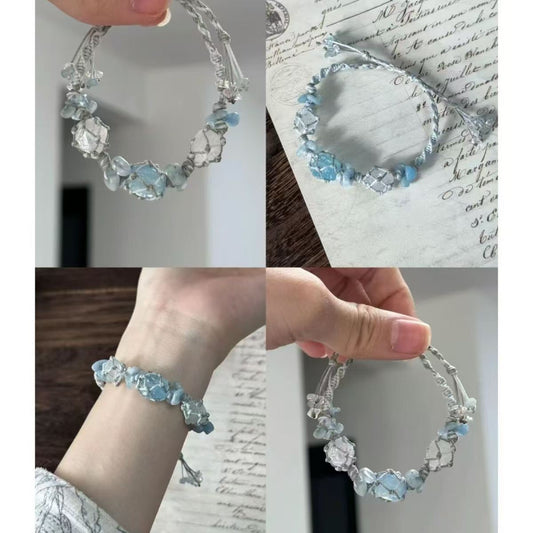 Aquamarine crystal and white crystal pure handmade rope bracelet, natural healing