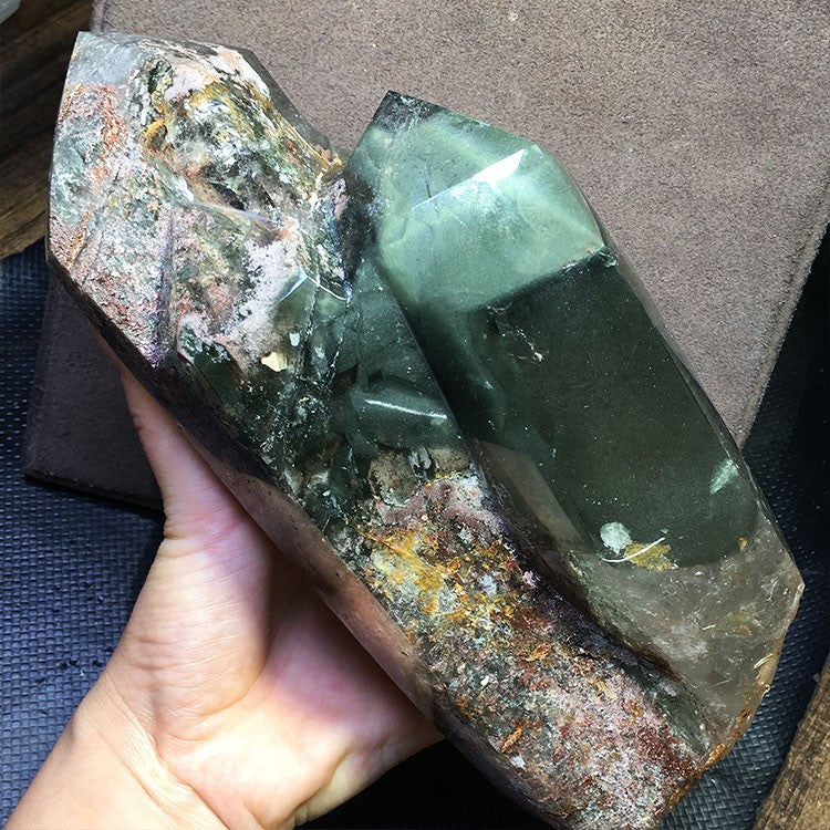 Natural green ghost crystal, colored ghost, hexagonal raw stone column, dark green multi-headed raw stone ore mark, home feng shui ornaments