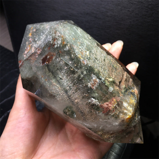 Natural green ghost crystal, colored ghost, hexagonal raw stone column, dark green multi-headed raw stone ore mark, home feng shui ornaments
