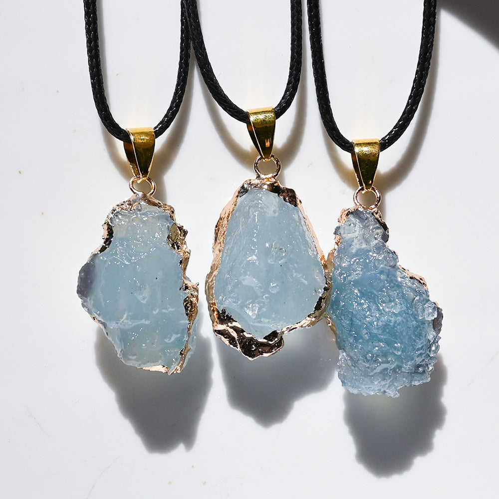 Natural Brazilian ice aquamarine crystal pendant, aquamarine crystal gilt/silver edge pendant necklace