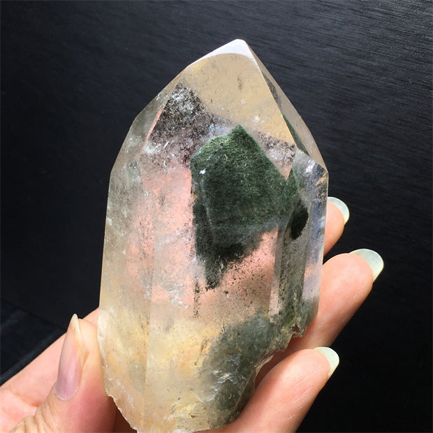 Natural green ghost crystal, colored ghost, hexagonal raw stone column, dark green multi-headed raw stone ore mark, home feng shui ornaments