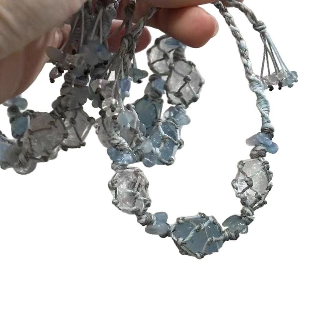 Aquamarine crystal and white crystal pure handmade rope bracelet, natural healing