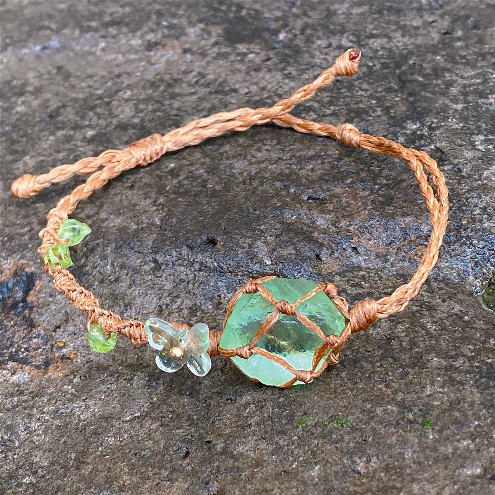 Crystal ore fluorite raw stone, woven net bag bracelet necklace, hand-woven