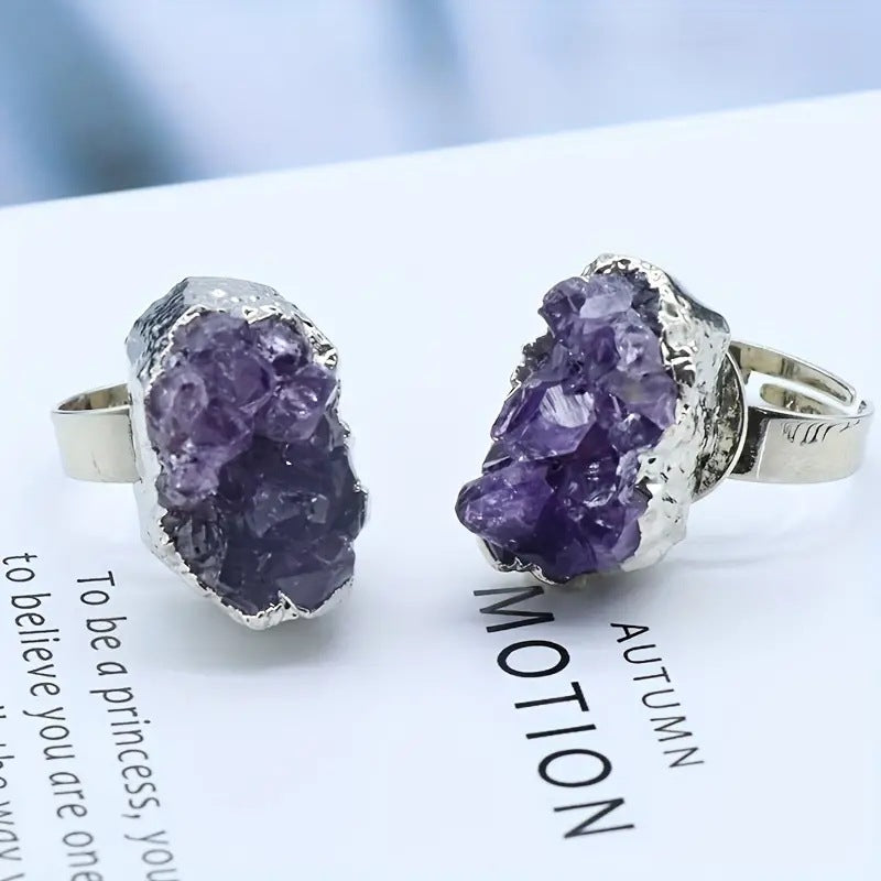 Natural amethyst cluster ring, Galaxy agate crystal cluster mineral, irregular gilt edge, adjustable ring jewelry