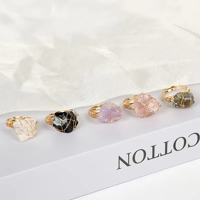 Natural stone movable ring irregular raw stone crystal ring, amethyst white crystal hand-wound wire adjustable ring