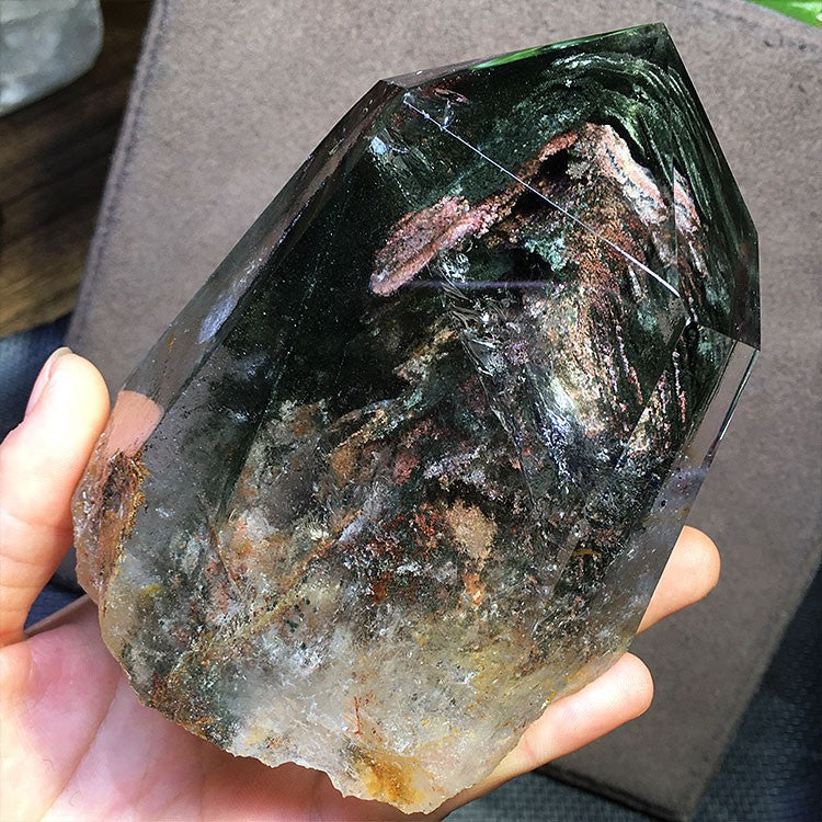 Natural green ghost crystal, colored ghost, hexagonal raw stone column, dark green multi-headed raw stone ore mark, home feng shui ornaments