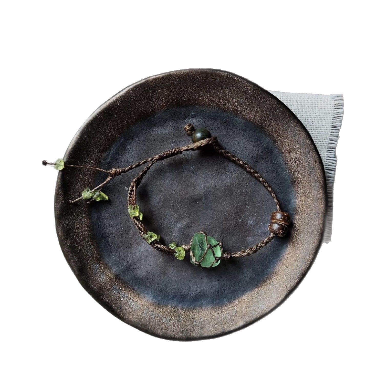 Crystal green fluorite raw stone bracelet, hand-woven rope, energy raw stone, natural healing series