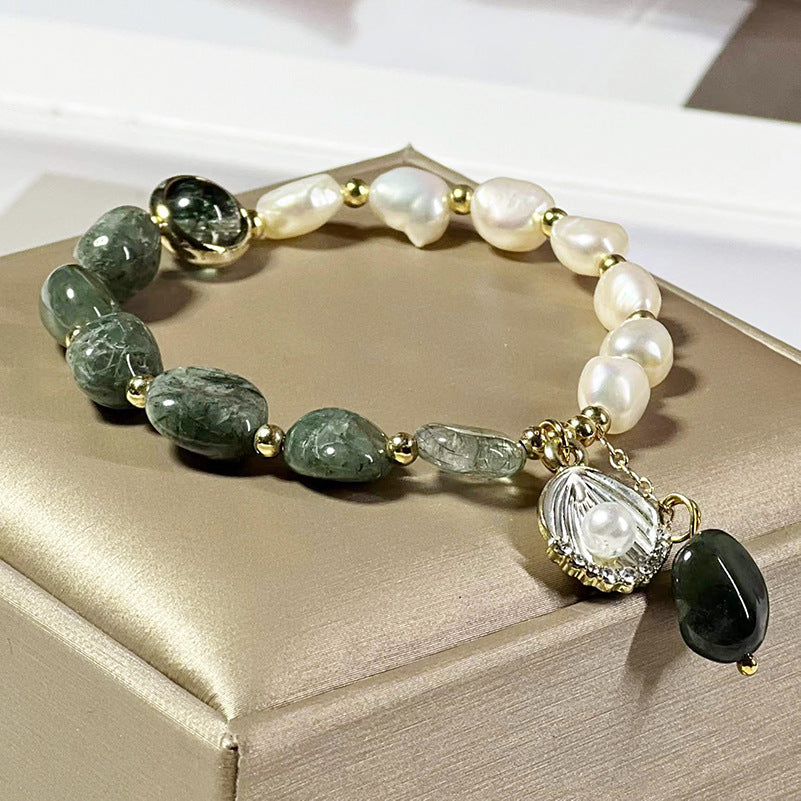 Natural crystal bracelet, green hair crystal baroque pearl bracelet