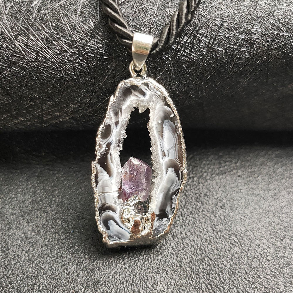 Natural crystal cave pendant, agate hollow hole slice necklace, inlaid amethyst gold or silver gilt edge pendant
