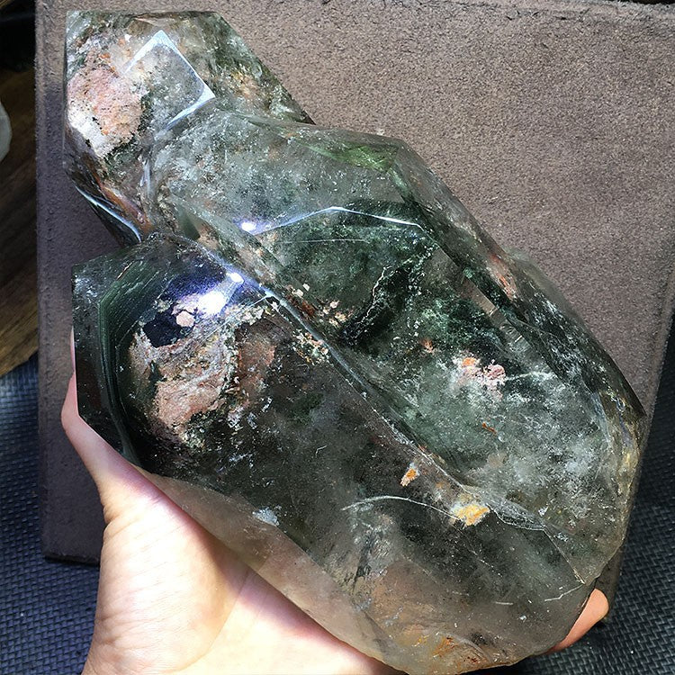 Natural green ghost crystal, colored ghost, hexagonal raw stone column, dark green multi-headed raw stone ore mark, home feng shui ornaments
