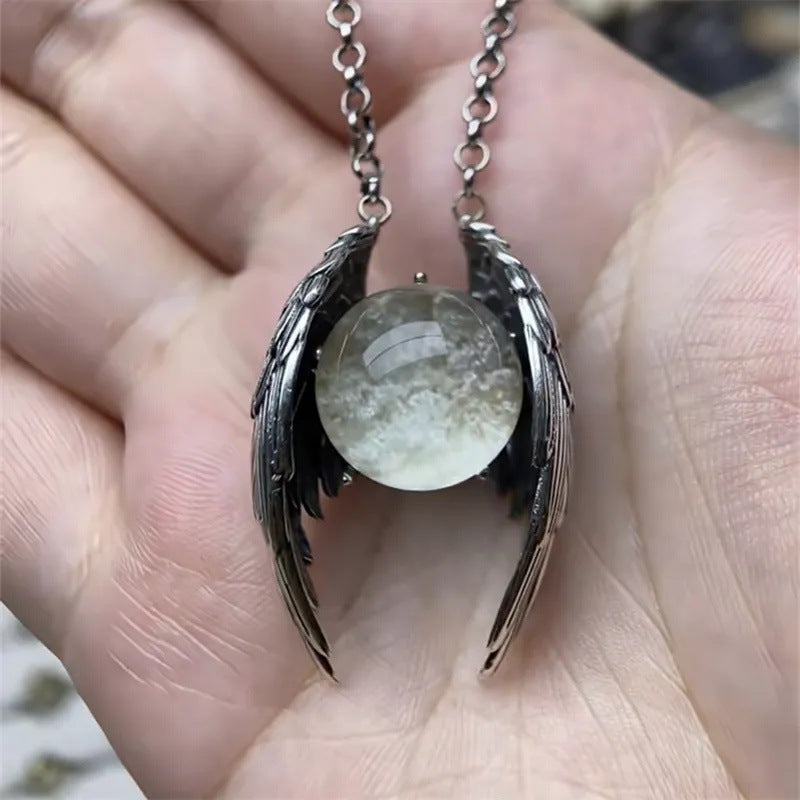 Ghost crystal pendant necklace, retro gothic style personality, angel wings crystal pendant