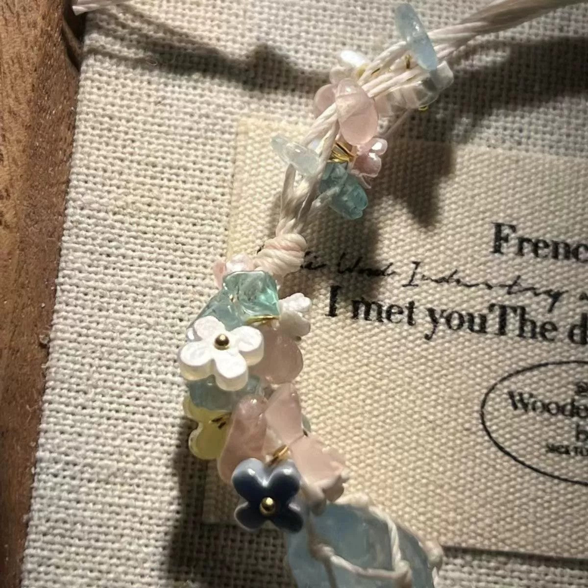 Powder blue hand-woven synthetic crystal, raw stone bracelet, rose quartz strawberry quartz bracelet