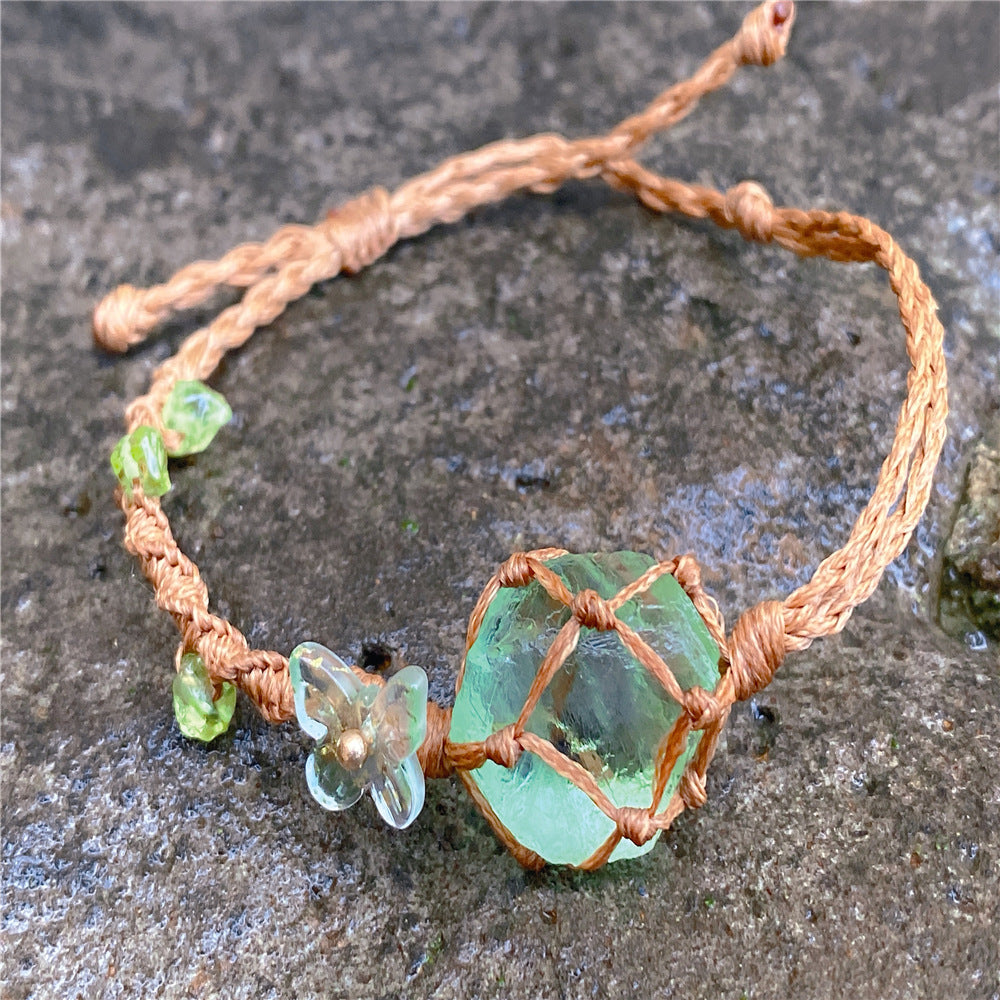 Crystal ore fluorite raw stone, woven net bag bracelet necklace, hand-woven
