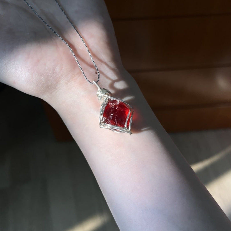 Natural crystal wire-wrap pendant necklace