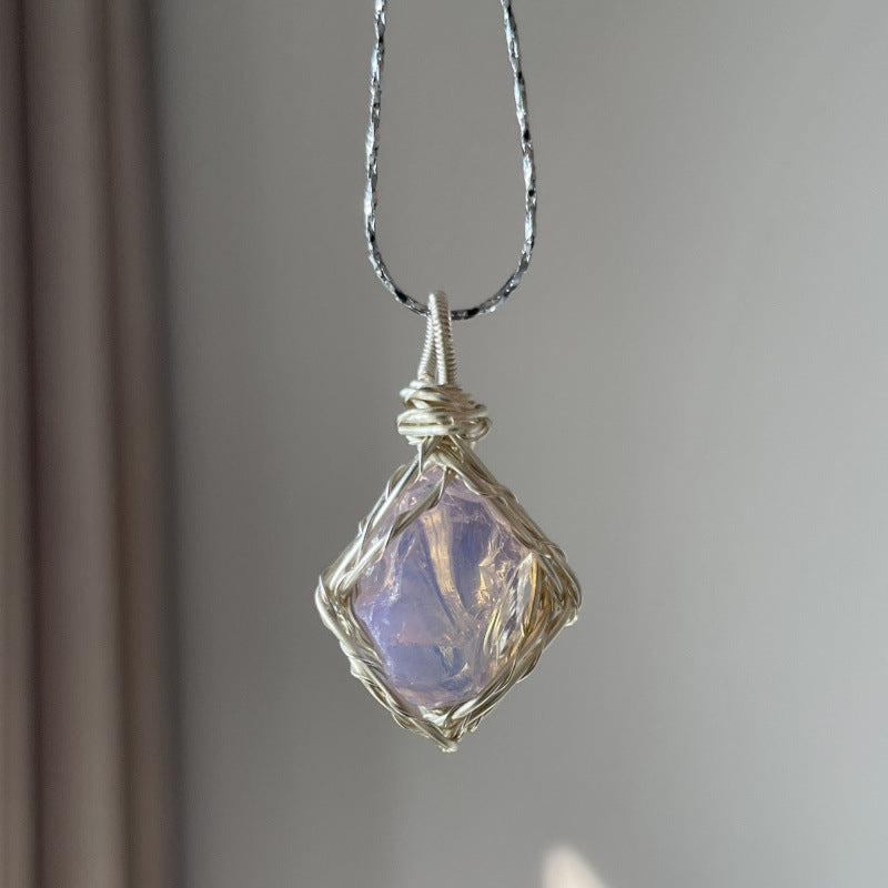 Natural crystal wire-wrap pendant necklace