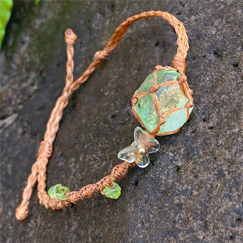 Crystal ore fluorite raw stone, woven net bag bracelet necklace, hand-woven