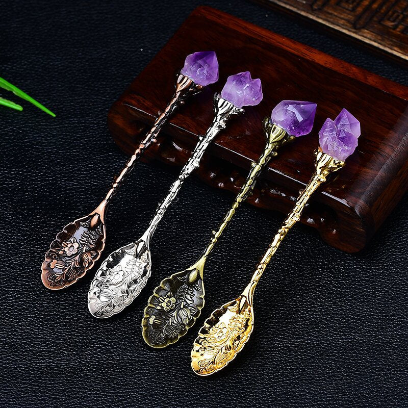 Uruguayan natural amethyst tooth flower spoon, creative carved long handle spoon