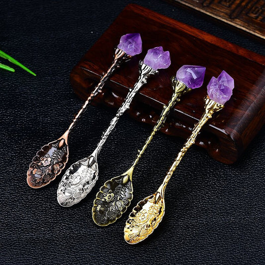 Uruguayan natural amethyst tooth flower spoon, creative carved long handle spoon