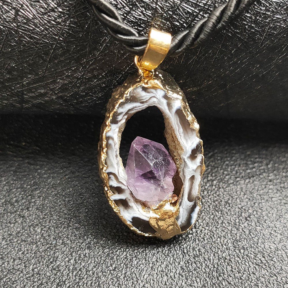 Natural crystal cave pendant, agate hollow hole slice necklace, inlaid amethyst gold or silver gilt edge pendant