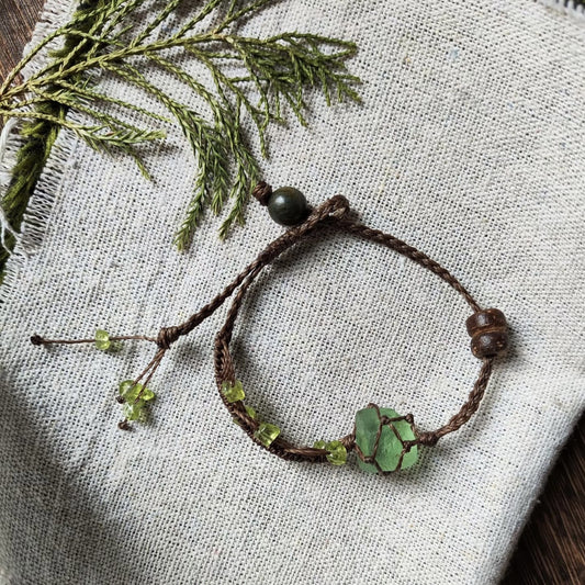 Crystal green fluorite raw stone bracelet, hand-woven rope, energy raw stone, natural healing series