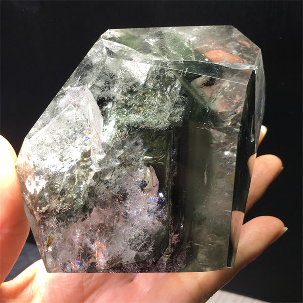 Natural green ghost crystal, colored ghost, hexagonal raw stone column, dark green multi-headed raw stone ore mark, home feng shui ornaments