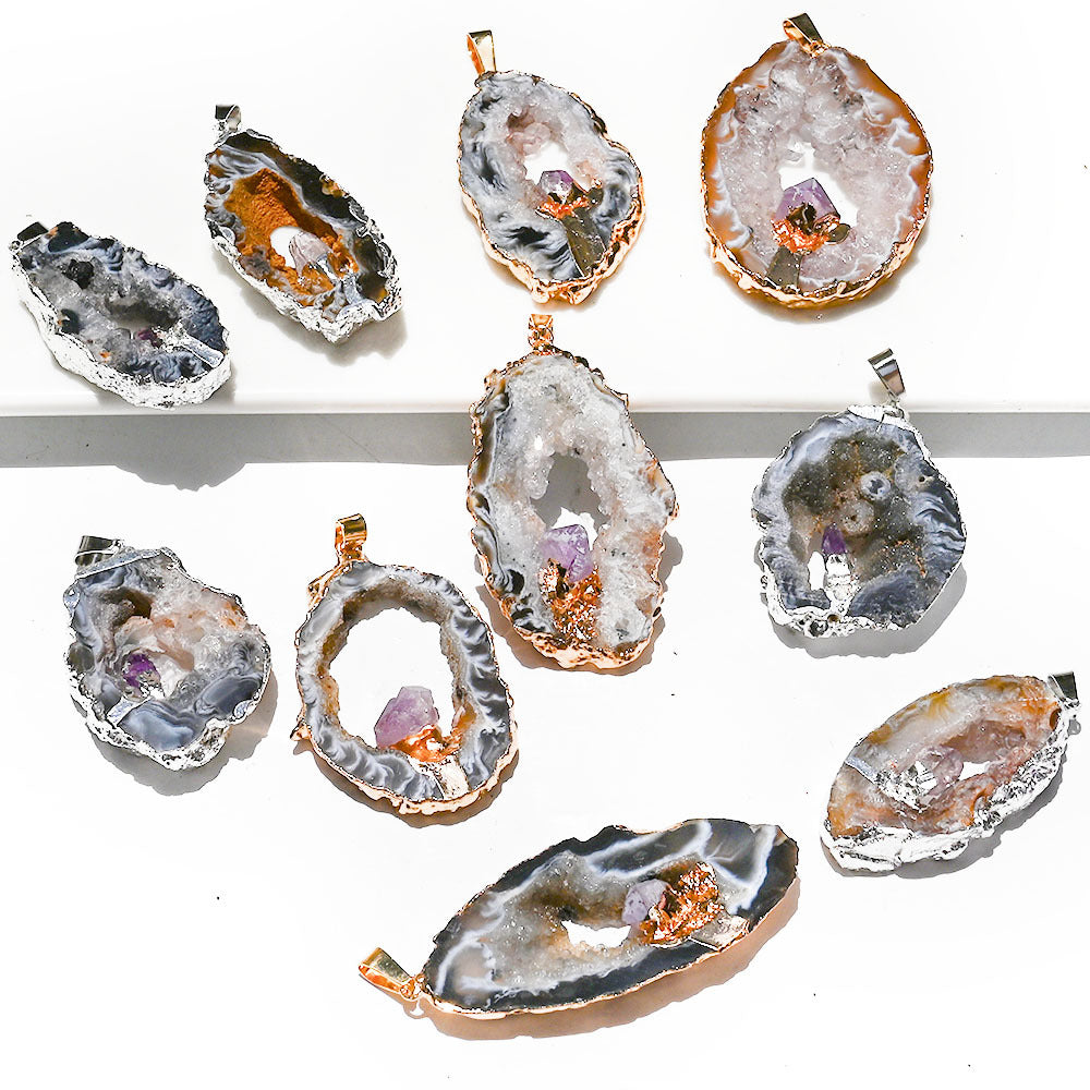 Natural crystal cave pendant, agate hollow hole slice necklace, inlaid amethyst gold or silver gilt edge pendant