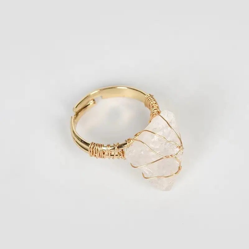 Natural stone movable ring irregular raw stone crystal ring, amethyst white crystal hand-wound wire adjustable ring