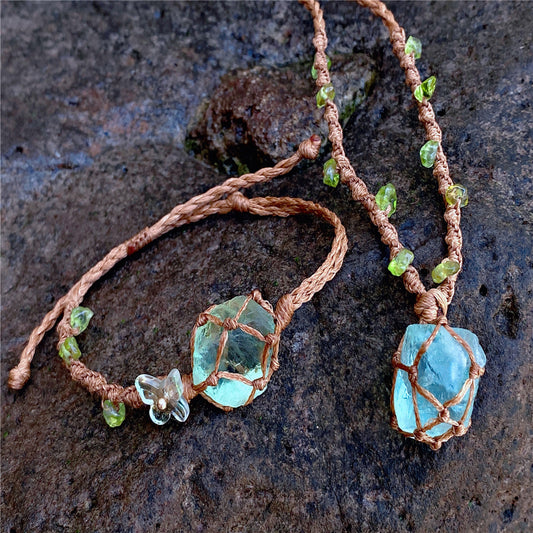 Crystal ore fluorite raw stone, woven net bag bracelet necklace, hand-woven