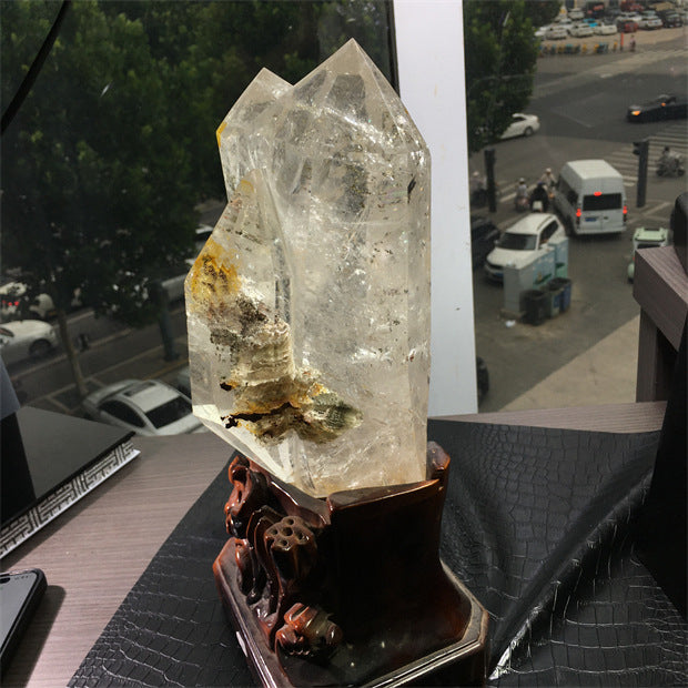 Natural green ghost crystal, colored ghost, hexagonal raw stone column, dark green multi-headed raw stone ore mark, home feng shui ornaments