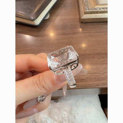 Inlaid white crystal ring, T square light luxury high-end adjustable ring ring