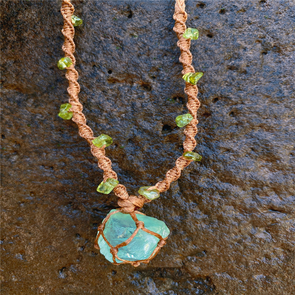 Crystal ore fluorite raw stone, woven net bag bracelet necklace, hand-woven