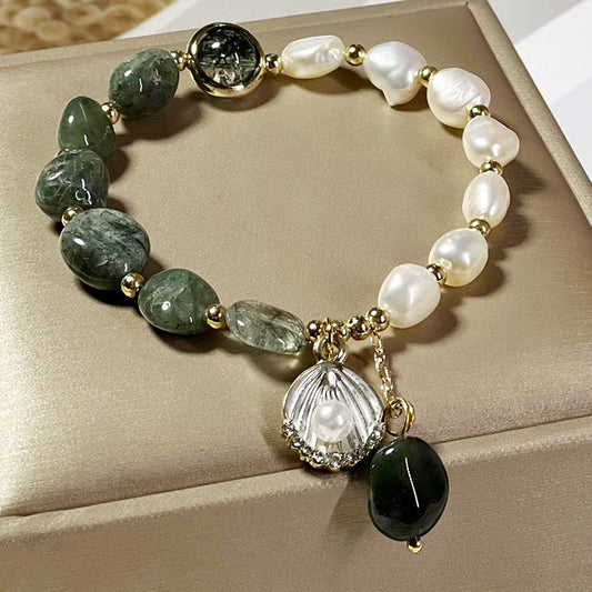 Natural crystal bracelet, green hair crystal baroque pearl bracelet