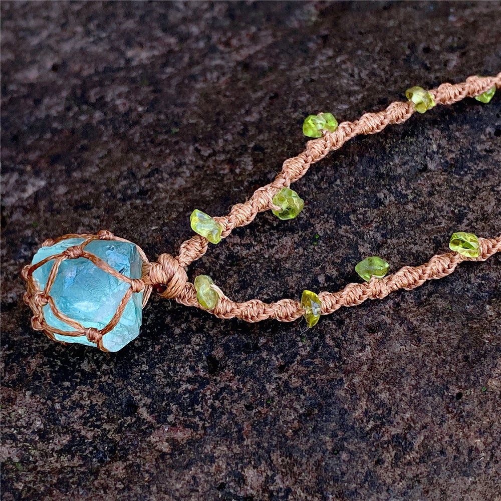 Crystal ore fluorite raw stone, woven net bag bracelet necklace, hand-woven