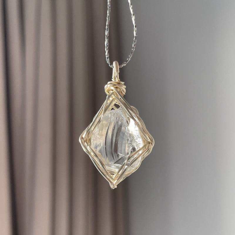 Natural crystal wire-wrap pendant necklace