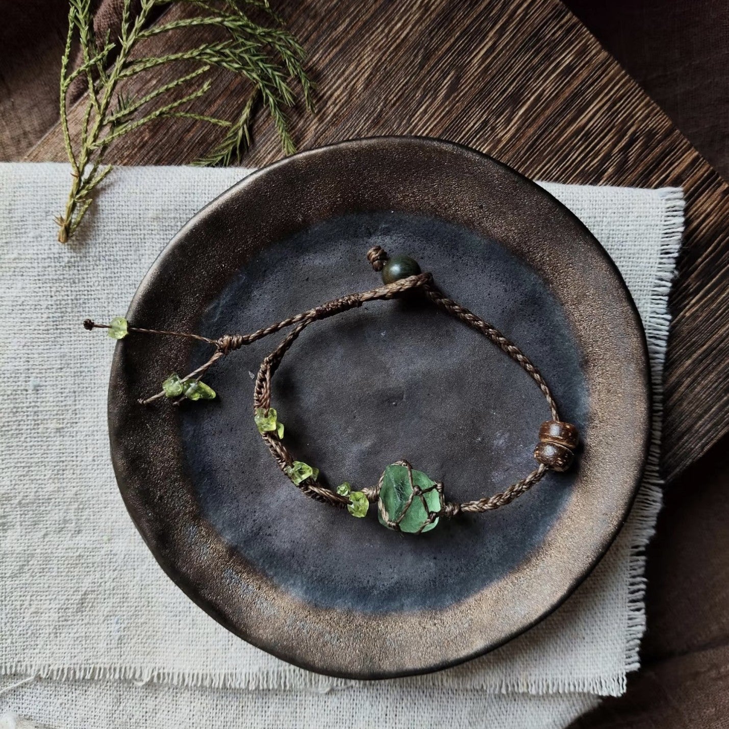 Crystal green fluorite raw stone bracelet, hand-woven rope, energy raw stone, natural healing series