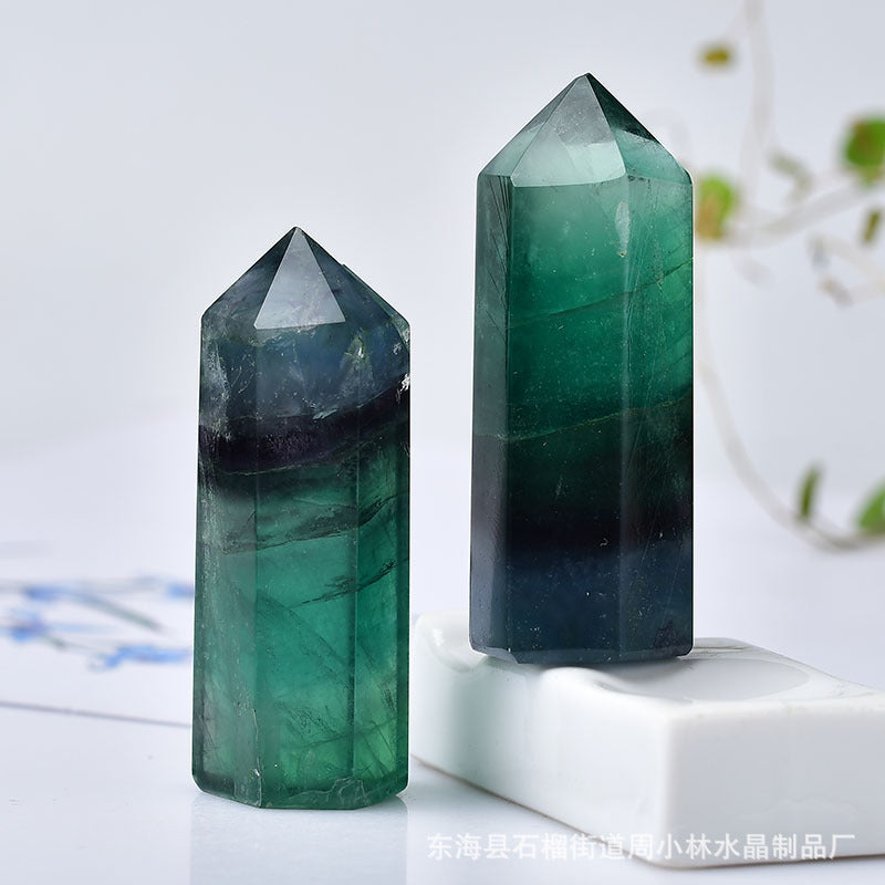 Natural crystal hexagonal green fluorite crystal column