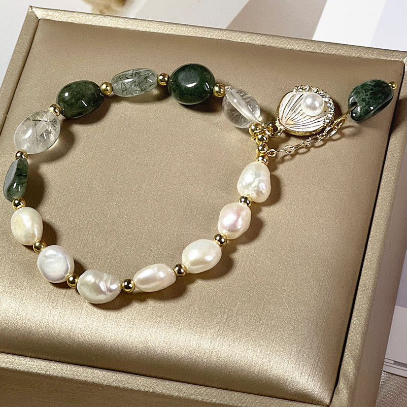 Natural crystal bracelet, green hair crystal baroque pearl bracelet